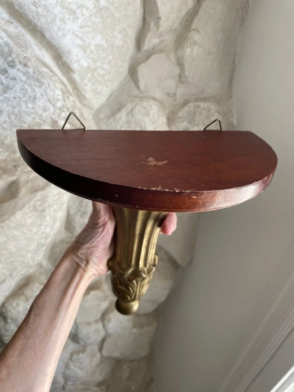 Vintage Antique Brass & Mahogany Wall Shelf